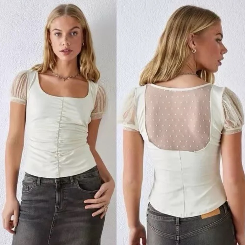 NWOT Intimately Free People mesh puff sleeve ruched top - off white Medium